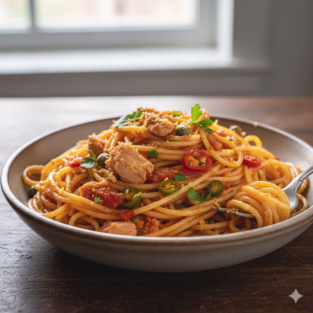 A close-up view of a quick and flavorful bowl of spaghetti tossed with a simple, spicy sauce made from canned Chili Tuna, olive oil, and garlic, garnished with fresh parsley and a dusting of Parmesan cheese.