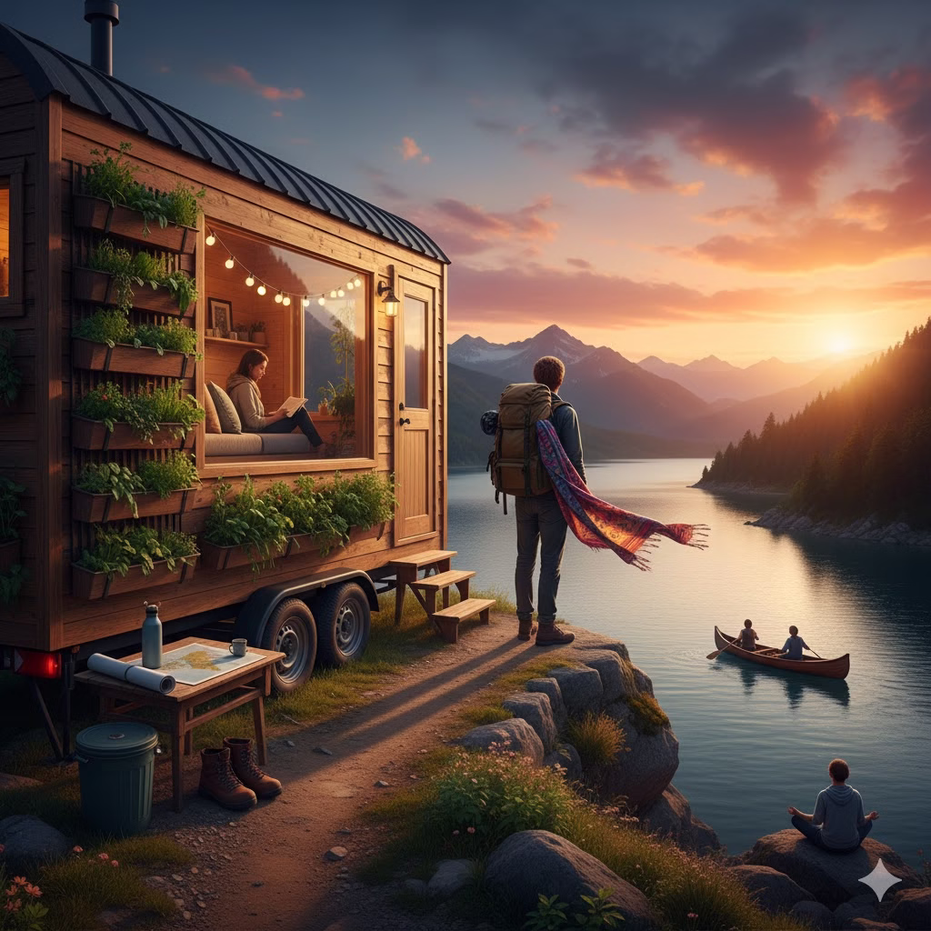 A cozy wooden tiny home with vertical gardens built into its side sits by a calm lake at sunset. A person reads inside by warm fairy lights. Outside, a backpacker stands on a cliff overlooking the water, a vibrant scarf trailing behind them in the breeze, emphasizing Sustainability through mindful living and travel. Two people paddle a canoe and another meditates by the shore, reflecting a connection with nature and eco-conscious lifestyle.