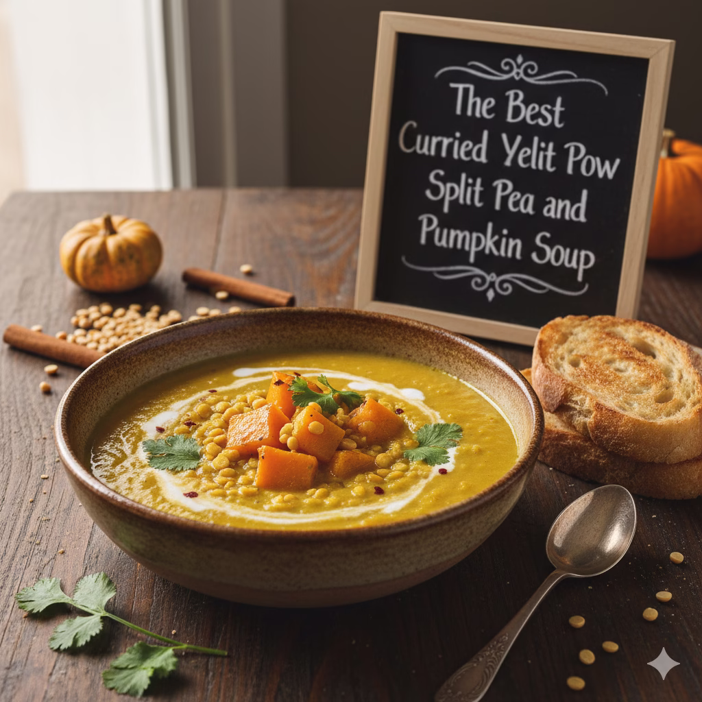 A rich, yellow split pea and pumpkin soup is served in a rustic brown bowl on a dark wooden table. The creamy, golden soup is topped with whole yellow split peas, chunks of roasted pumpkin, a drizzle of cream, fresh cilantro, and a sprinkle of chili flakes. A small chalkboard sign behind the bowl reads, The Best Curried Yellow Split Pea and Pumpkin Soup. Slices of toasted bread, a vintage spoon, cinnamon sticks, and small decorative gourds complete the autumnal scene by a window.
