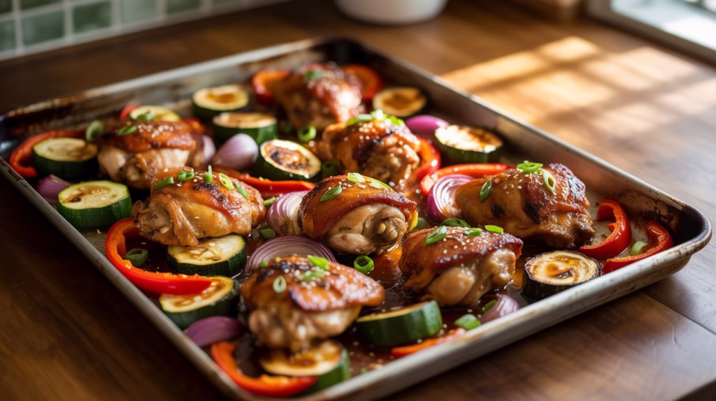 A close-up, image of Gochujang Chicken thighs and vibrant sliced vegetables (red peppers, zucchini, and red onions) roasting together on a single dark metal sheet pan. The chicken pieces are glazed a glossy reddish-brown, sprinkled with sesame seeds and chopped green onions, and the sheet pan is resting on a dark wooden countertop near a window.