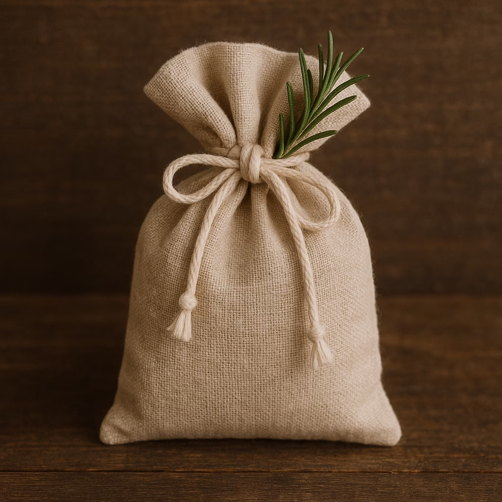 A neutral-colored linen or burlap drawstring fabric pouch, tied securely at the top with natural twine and embellished with a sprig of fresh rosemary. This reusable bag is a beautiful example of Waste Free Wrap for small gifts.