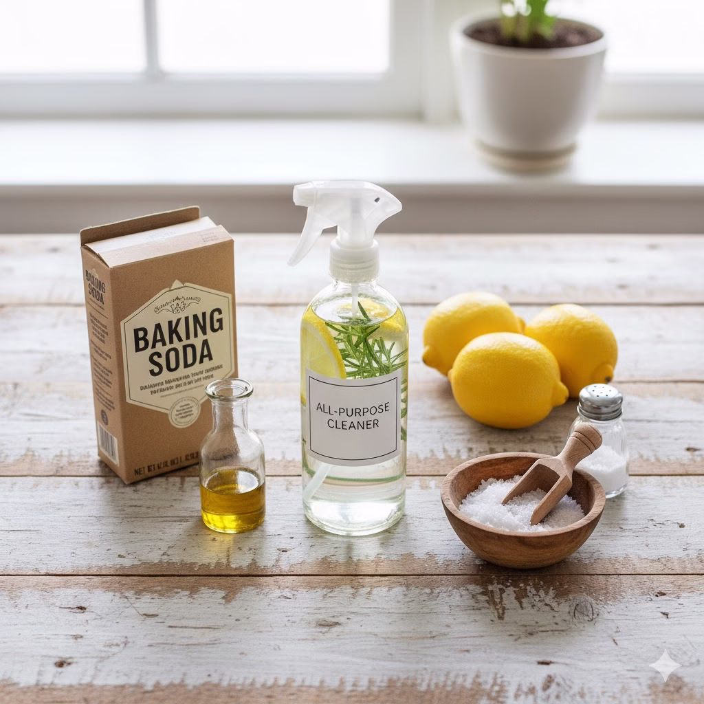 Close-up of DIY natural cleaning supplies laid out on a rustic table, highlighting the Kitchen Staples used: baking soda, fresh lemons, salt, olive oil, and a glass spray bottle.