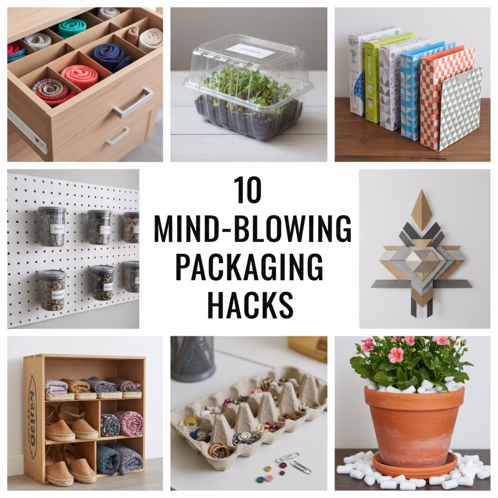 DIY garage organization using packaging hacks: Labeled coffee cans and plastic canisters stacked on a wooden shelf, storing hardware like bolts and screws. Simple and sturdy upcycled storage solution.