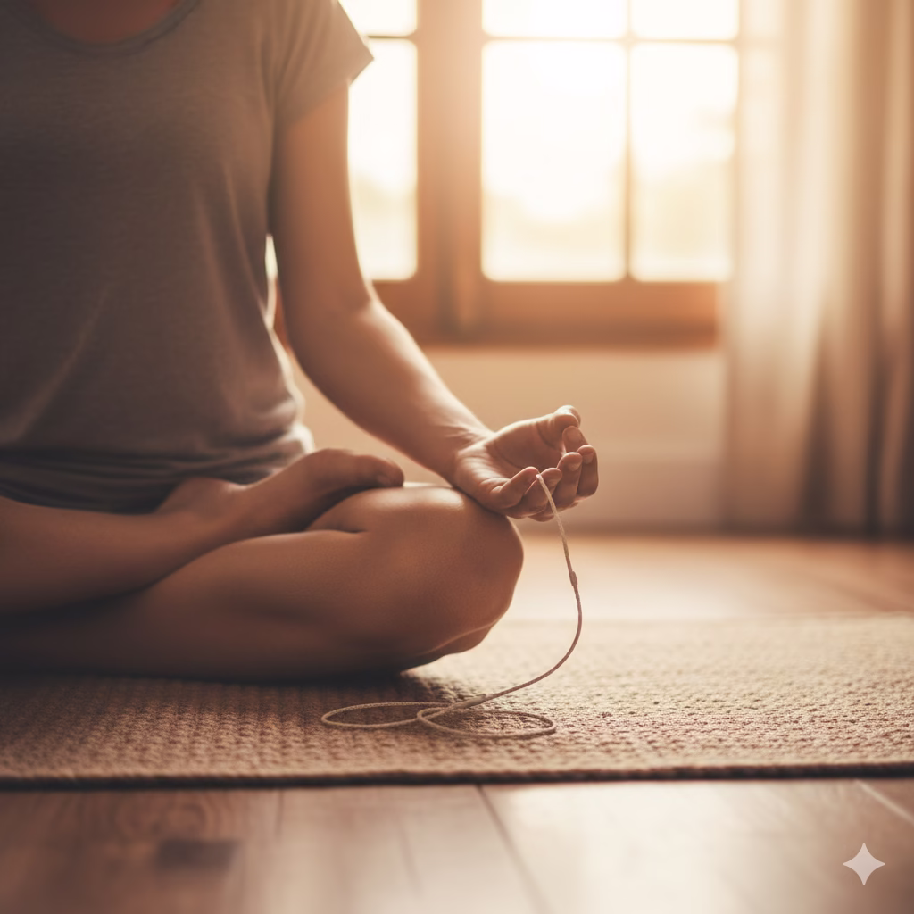 Close-up shot of a person meditating indoors in soft sunlight, their hand resting in a mudra position near a headphone cord, illustrating the use of specific audio for deep focus and calming Meditation Sounds.
