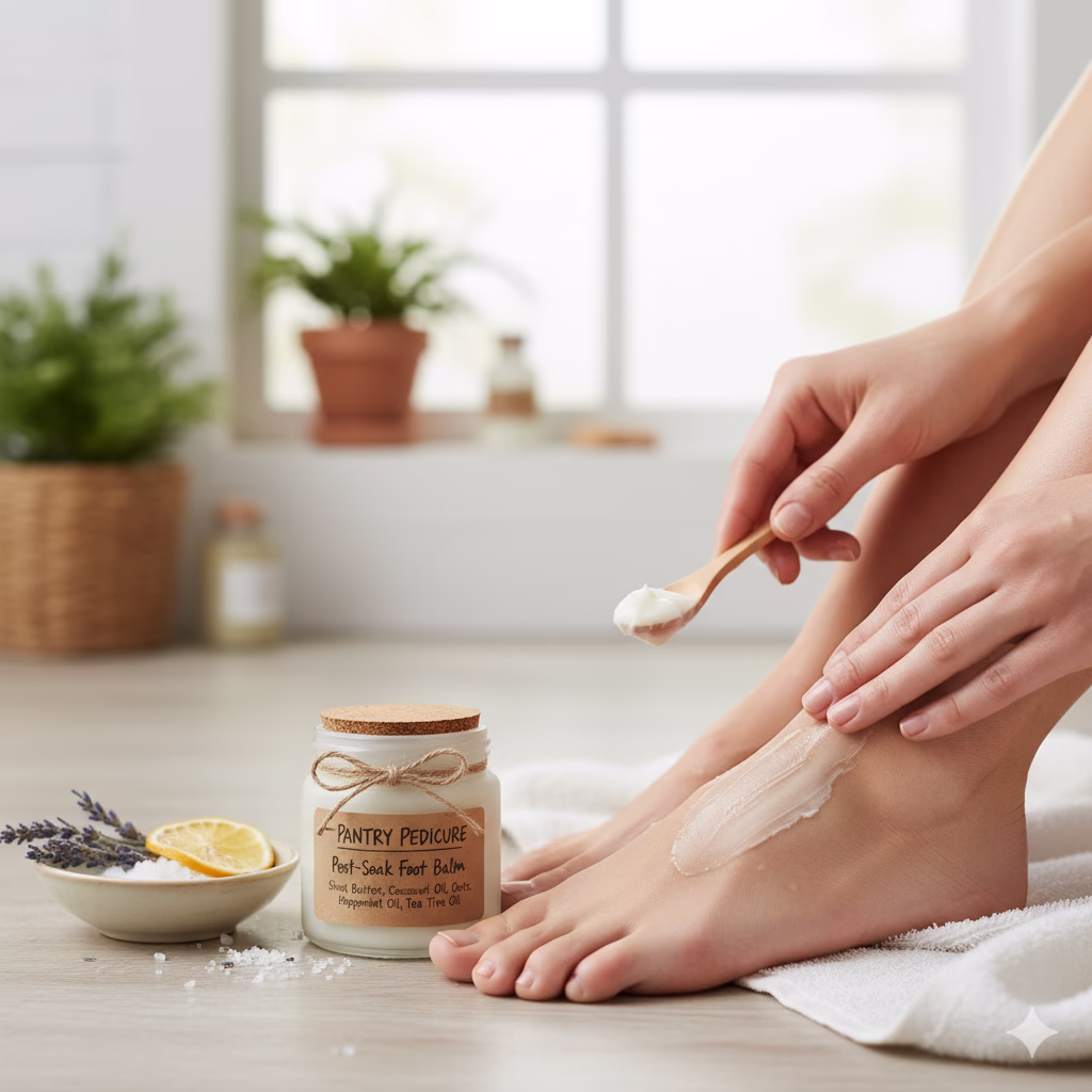 Pantry Pedicure post-soak foot balm being massaged onto a foot on a towel, showcasing the balm's ability to create super soft feet after a homemade foot soak.