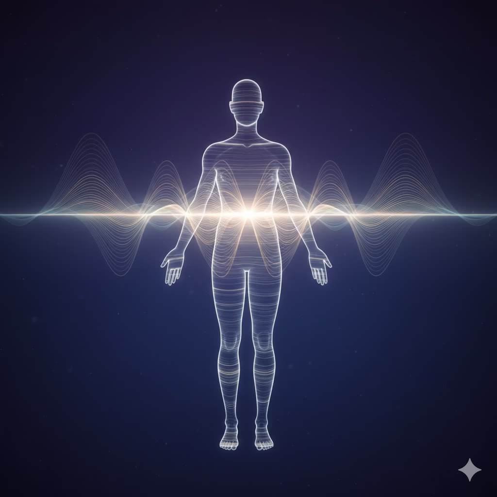 Abstract digital illustration of a glowing, translucent human body outline with horizontal gold and blue vibrating sound waves passing directly through the center, symbolizing energy and wellness.