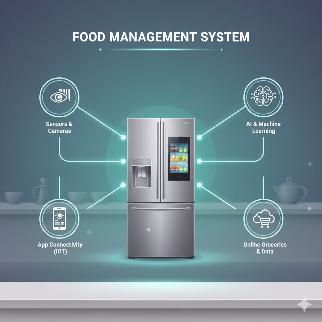 Infographic illustrating the interconnected components of a modern Food Management System centered on a smart refrigerator. Key components shown are Sensors & Cameras, AI & Machine Learning, App Connectivity (IoT), and Online Groceries & Data.