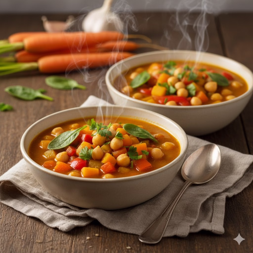 Two steaming bowls of vibrant, Immune-Boosting carrot and chickpea stew, garnished with fresh herbs and spinach, sit on a rustic wooden table with carrots and garlic in the background."
