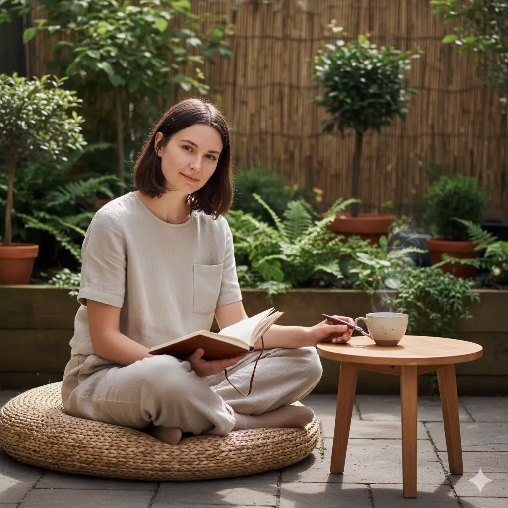 A person sits cross-legged on a woven cushion in a lush garden, peacefully journaling with a pen and notebook. A steaming cup is on a small wooden table beside them, creating a serene Breathing Space outdoors.