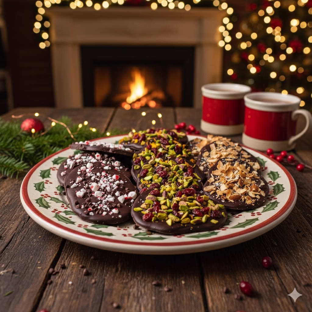 A festive plate of various Healthy Christmas Bark pieces, including peppermint, cranberry pistachio, and almond, set on a rustic wooden table in front of a cozy fireplace and a decorated Christmas tree.