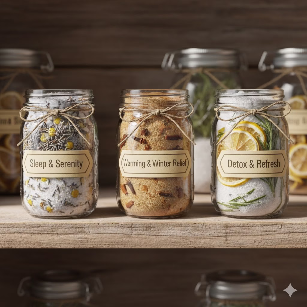 Three homemade Pantry Potion bath soak varieties labeled "Sleep & Serenity," "Warming & Winter Relief," and "Detox & Refresh" in elegant glass jars tied with twine on a wooden shelf.