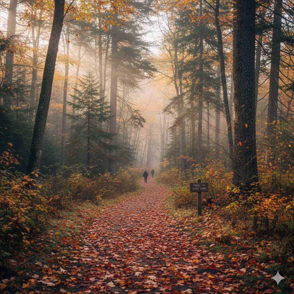 A quiet, Eco-Friendly forest path surrounded by green trees and sunlight, suggesting a beautiful, less-crowded hiking destination during the shoulder season.