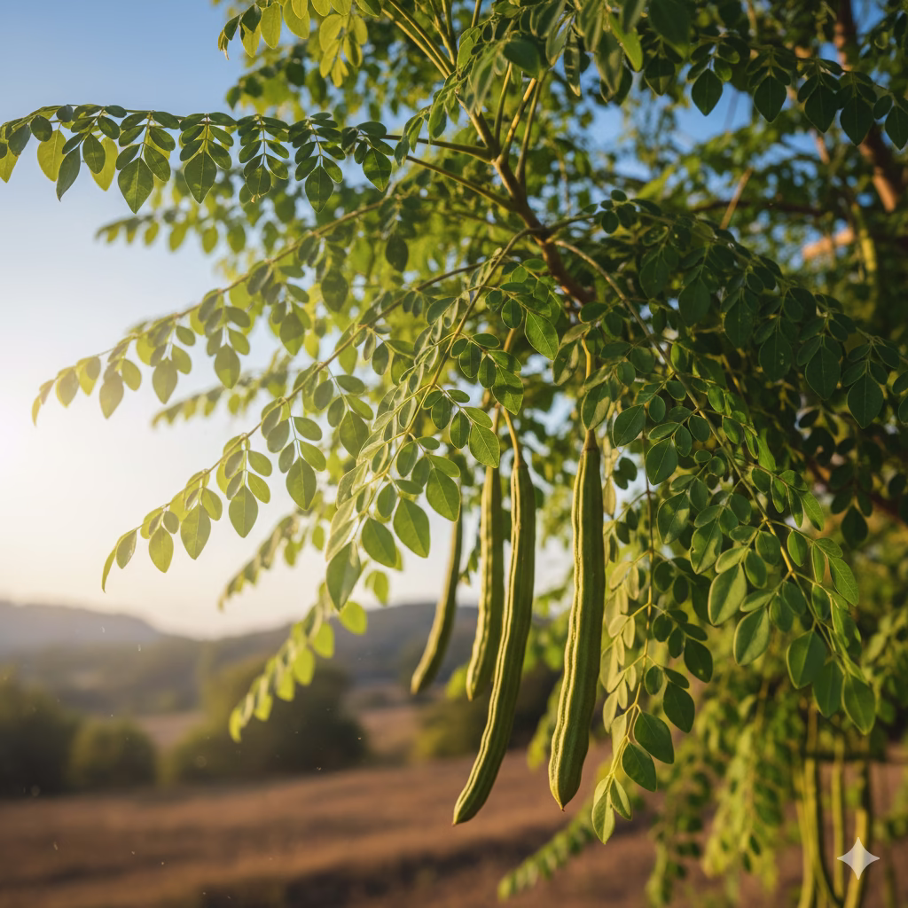 Close-up of Moringa tree branches with vibrant green leaves and elongated drumstick pods, bathed in warm golden hour sunlight with a soft-focus natural landscape in the background.