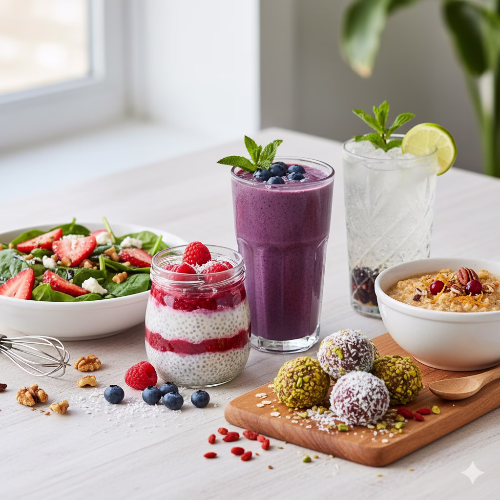 A collection of brain-boosting meals featuring simple berries, including a blueberry smoothie, strawberry spinach salad, goji berry energy bites, a blackberry mint drink, and cranberry oatmeal, highlighting easy ways to enjoy berry goodness for health.