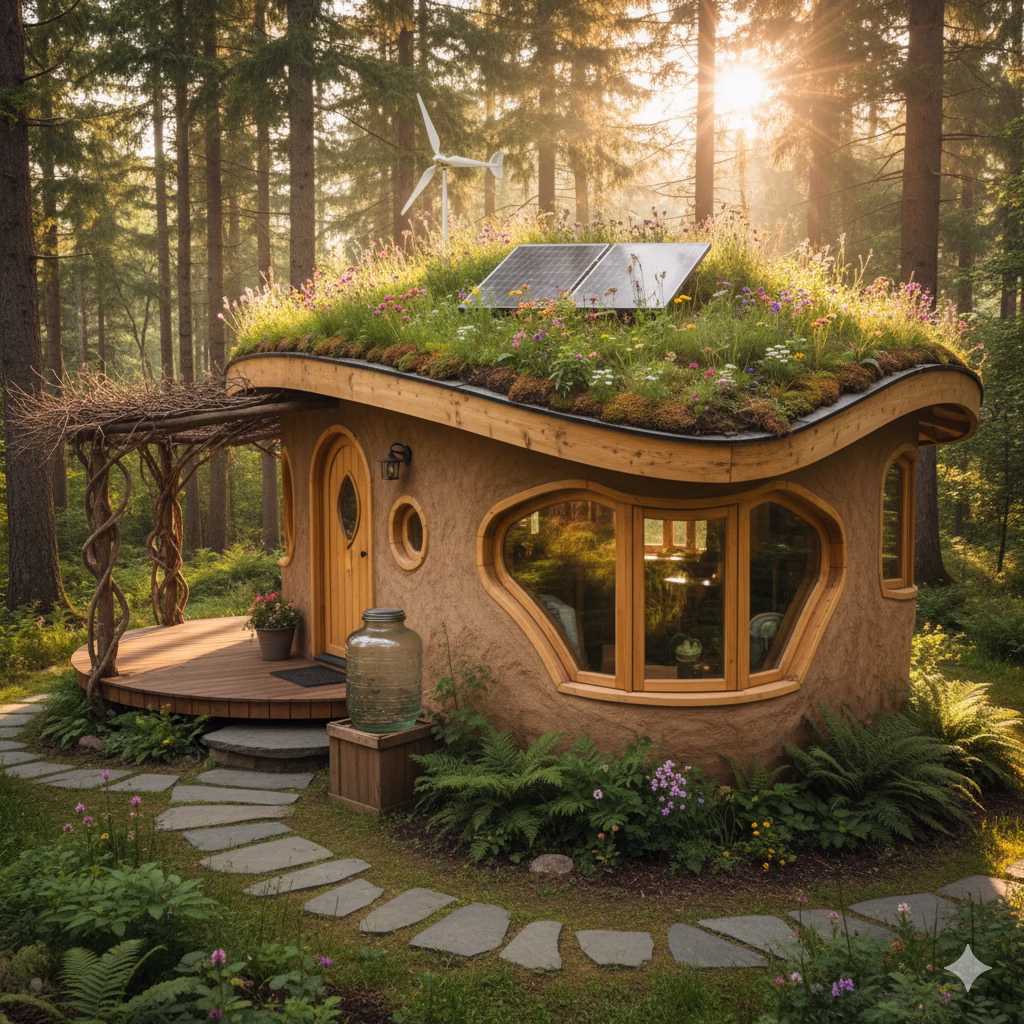 Earth-friendly tiny home with curved, organic walls and a lush green roof in a sunlit forest. The home features passive solar windows, a wooden deck, a small wind turbine, and solar panels, showcasing how to Build Tiny with maximum sustainability and unique style.