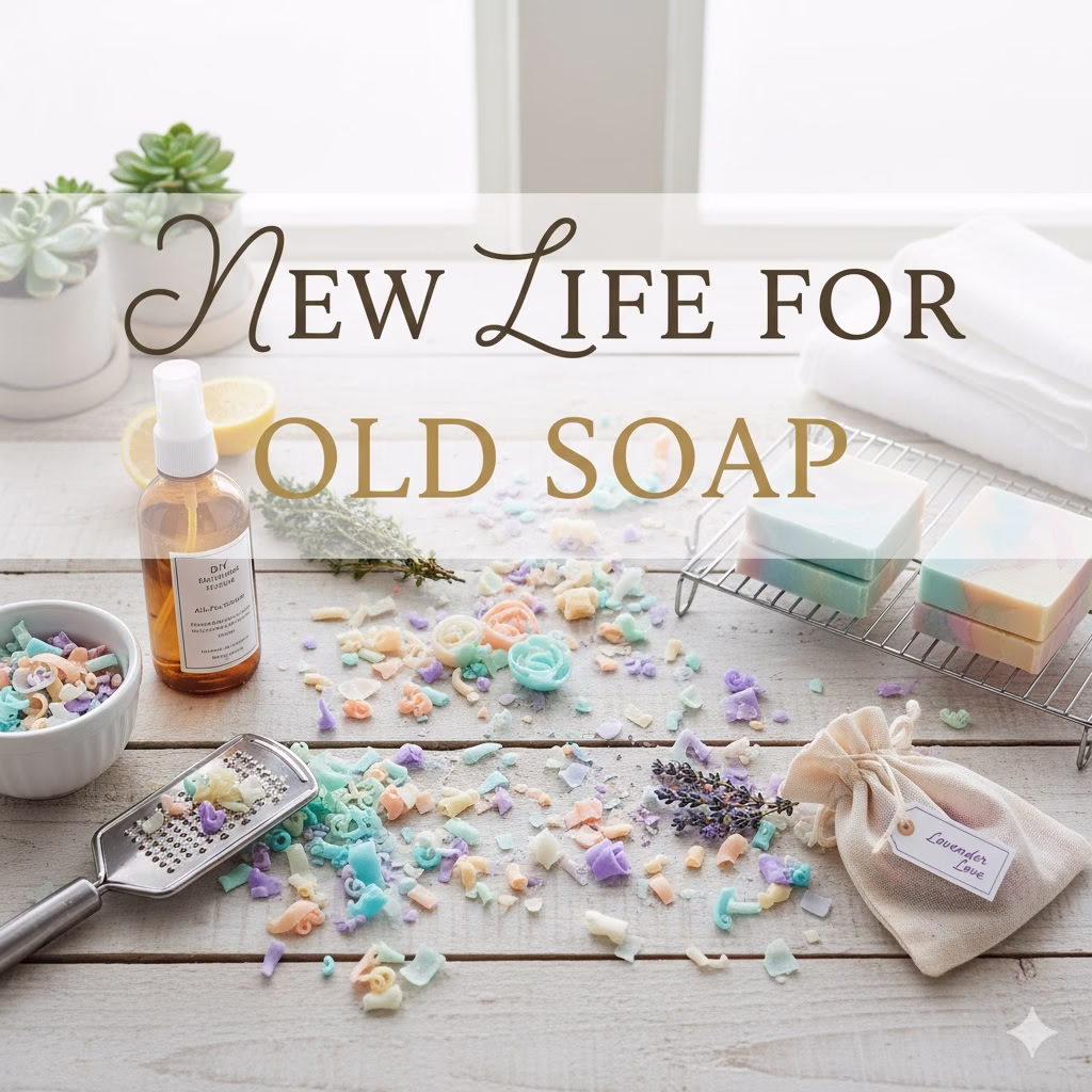 Flat lay of colorful, assorted Old Soap scraps grated and ready for repurposing, symbolizing the sustainable reuse of leftovers.