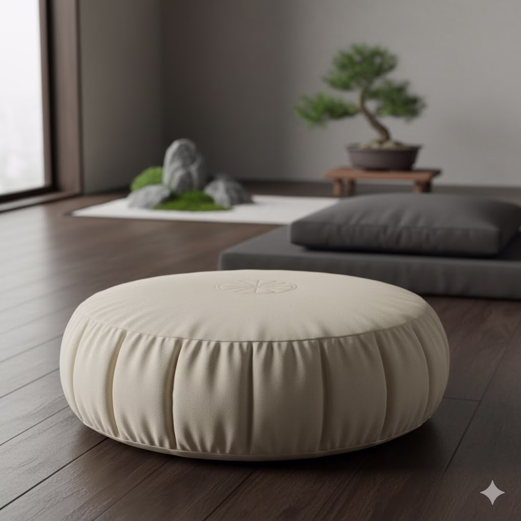 A close-up of a round, pleated, cream-colored Floor Cushion (Zafu) sitting on a dark wood floor in a minimalist Zen room, with a small bonsai tree and a rock garden visible in the softly lit background.