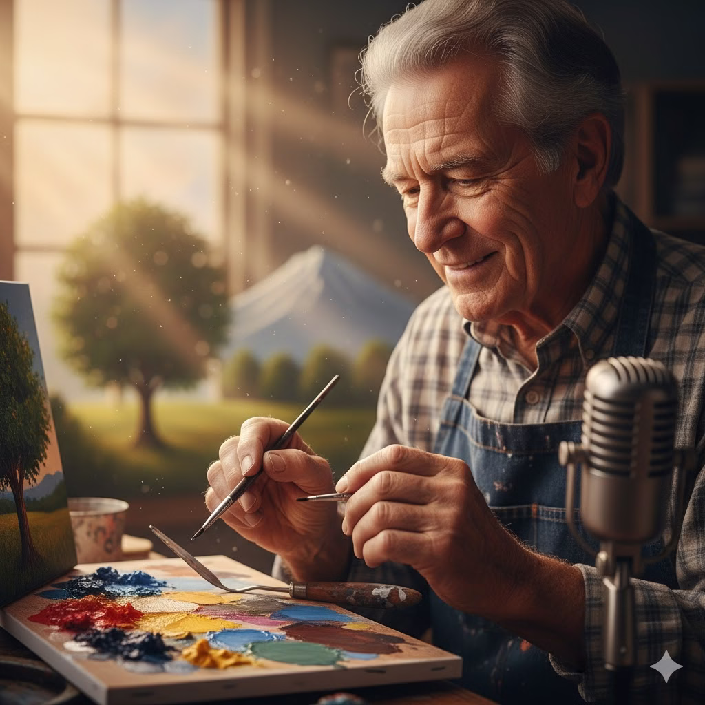 An older man with a gentle smile is carefully mixing bright oil paints on a wooden palette while wearing a denim apron. A large, vintage-style microphone stands next to his work, positioned to capture the meticulous, soothing sounds of his brush movements and scraping, which is characteristic of ASMR content.