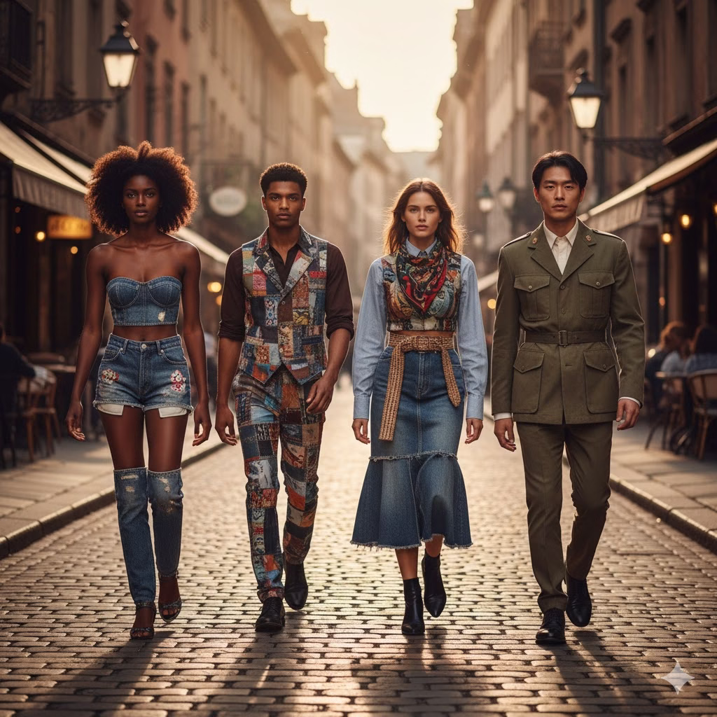 Four stylish people walk down a cobblestone street in bright sunlight, wearing creative, reusable outfits. The clothing features extensive upcycling, including a denim bustier top with patchwork shorts and boots, a man in a vest and trousers made from mixed-fabric patchwork, a woman in a long denim skirt with fringed details, and a man in a repurposed green military-style jacket.
