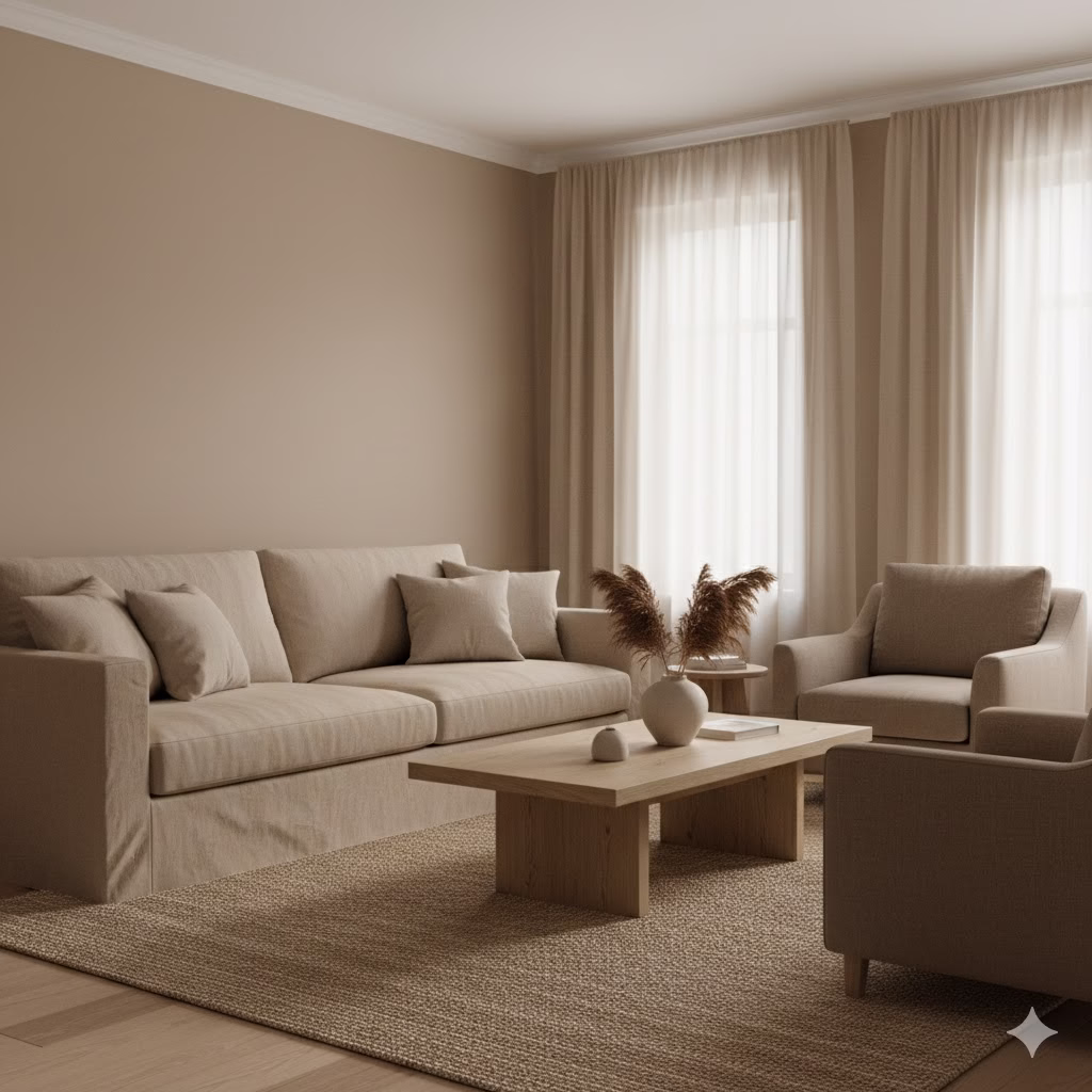 A minimalist living room showcasing warm beige walls and matching upholstered sofa and armchairs. The room features sheer white curtains, a light wood coffee table, and a natural woven rug. Dried pampas grass in a white vase adds a touch of organic texture, embodying peaceful Color Ideas for a serene space.