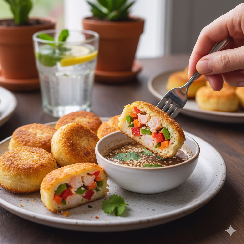 A close-up, horizontal image shows several air-fried water chestnut puffs arranged on a light gray plate. The puffs are golden brown and have a crispy exterior. One puff in the foreground is halved, revealing the colorful filling inside: a white paste mixed with pink shrimp pieces, red and green bell peppers, and diced orange carrots. A hand holds a fork, dipping a whole puff into a small white bowl of brown dipping sauce topped with sesame seeds and fresh cilantro. In the background, there's a glass of iced water with lemon and mint, and potted plants, suggesting a bright, cozy setting.