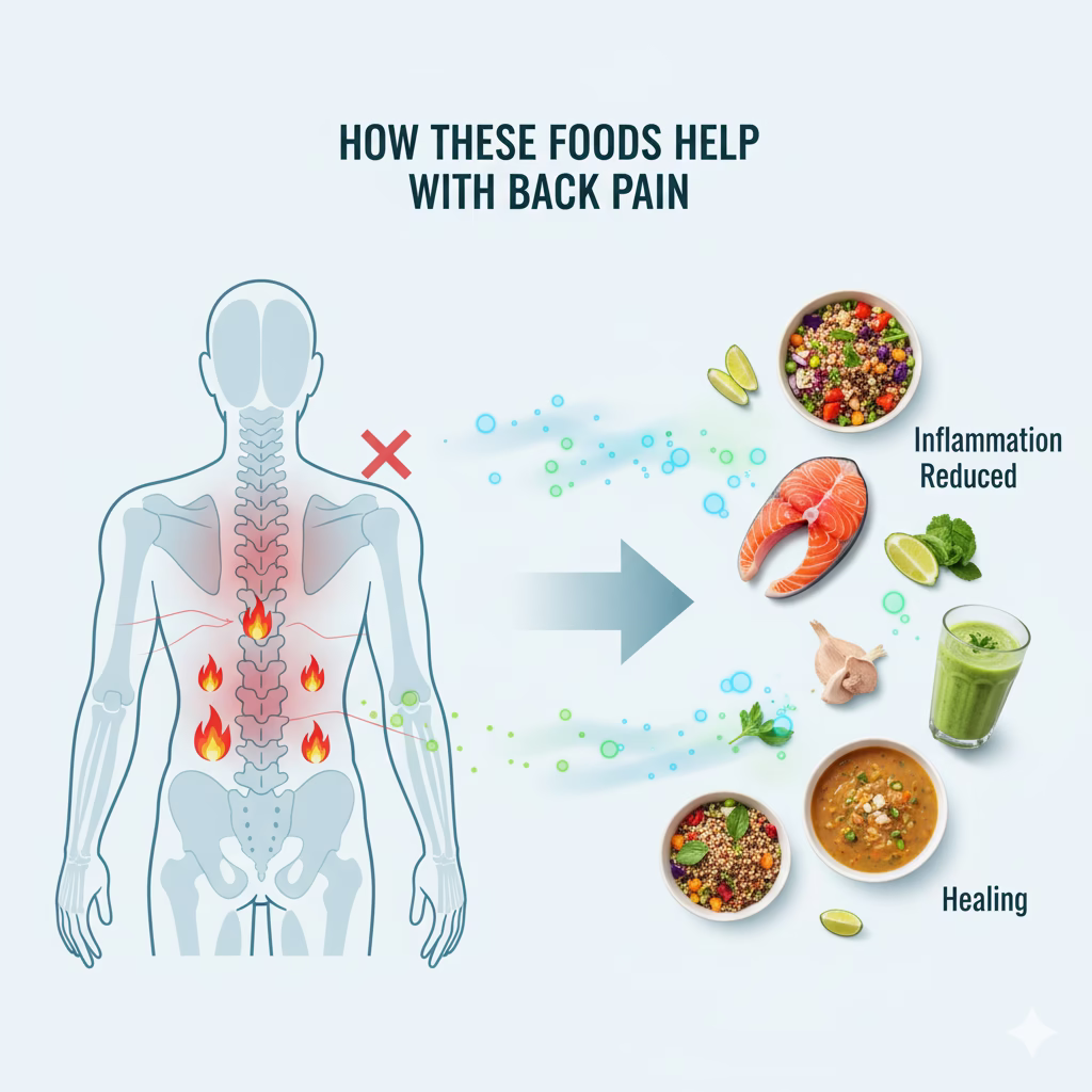 A side-profile illustration of a healthy human torso showing the spine and back muscles. Rays of warm, soothing energy labeled "Anti-Inflammatory Nutrients" radiate from an incoming piece of healthy food (like salmon or a vegetable) toward the lower back, where an area of red inflammation is visibly calming and turning blue. This illustrates how the 5 Simple Recipes help to reduce back pain by fighting inflammation from within.