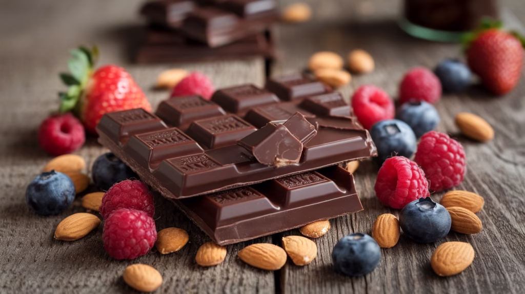Two dark chocolate bars stacked on a rustic wooden surface, surrounded by fresh Healthy red raspberries, blueberries, strawberries, and whole almonds.