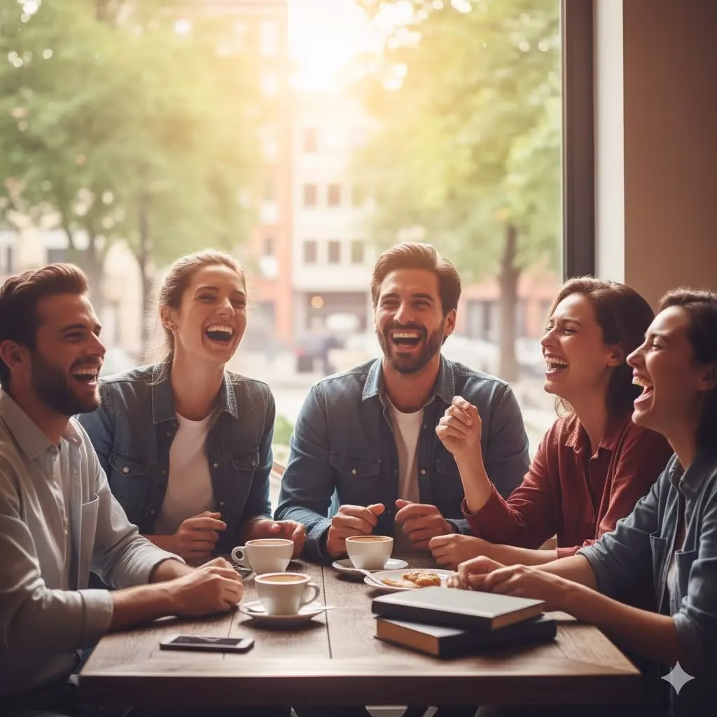 A candid photo of five young adults (three women and two men) sitting around a cafe table by a sunny window, all sharing a moment of genuine, unrestrained Laughter over coffee. The image captures the joy of shared social connection.