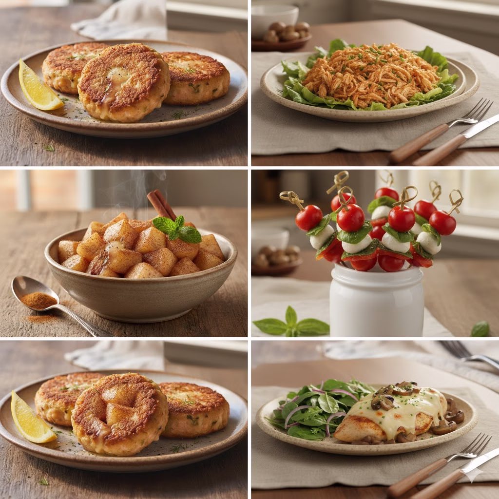 A vibrant collage showcasing five healthy 3 ingredient recipes: golden salmon patties with lemon, a bowl of shredded buffalo chicken on lettuce, warm cinnamon pears, fresh Caprese skewers, and Swiss cheese mushroom chicken with a side salad