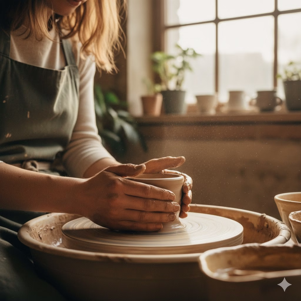 Close-up of hands gently shaping clay on a pottery wheel, representing a mindful hobby that helps reclaim Time and Sanity.