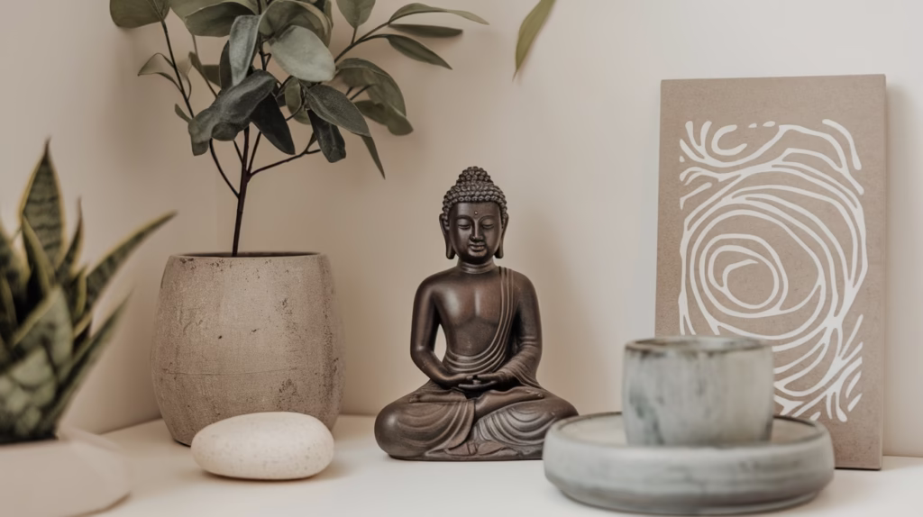A Minimalist Zen Nook featuring a small, dark brown seated Buddha statue at the center. To the left is a tall, textured grey concrete planter with a lush green, leafy houseplant. A smooth, white decorative stone rests near the base of the planter. To the far left, the pointed leaves of a snake plant are visible. To the right of the Buddha, there's a neutral-colored canvas or print with a simple, abstract white swirl design, and a small grey ceramic cup and tray are in the foreground. The overall scene is serene with a neutral color palette.