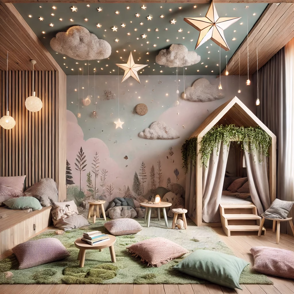 Luxurious and fantastical Chill Kid Space designed for calm and comfort. The room features soft, muted pastel walls with a nature mural, a light green textured rug, and multiple floor pillows. Above, the ceiling is painted dark with glowing stars, illuminated clouds, and a large star pendant light. A wooden house-frame canopy bed draped with sheer fabric creates a cozy reading nook in this ultimate children's retreat.