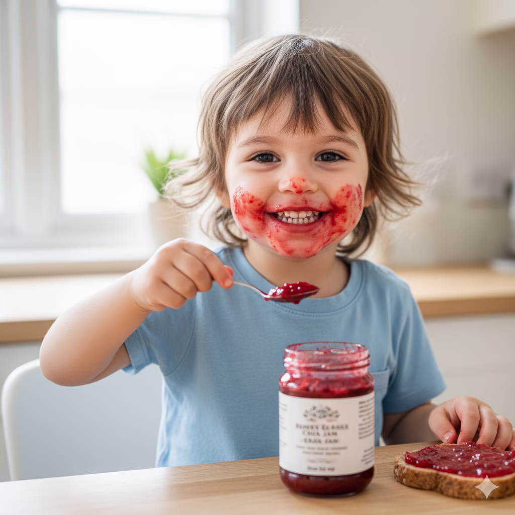 Happy toddler smiling with Chia Jam smeared on their face, holding a spoon, next to a jar of homemade jam and toast.