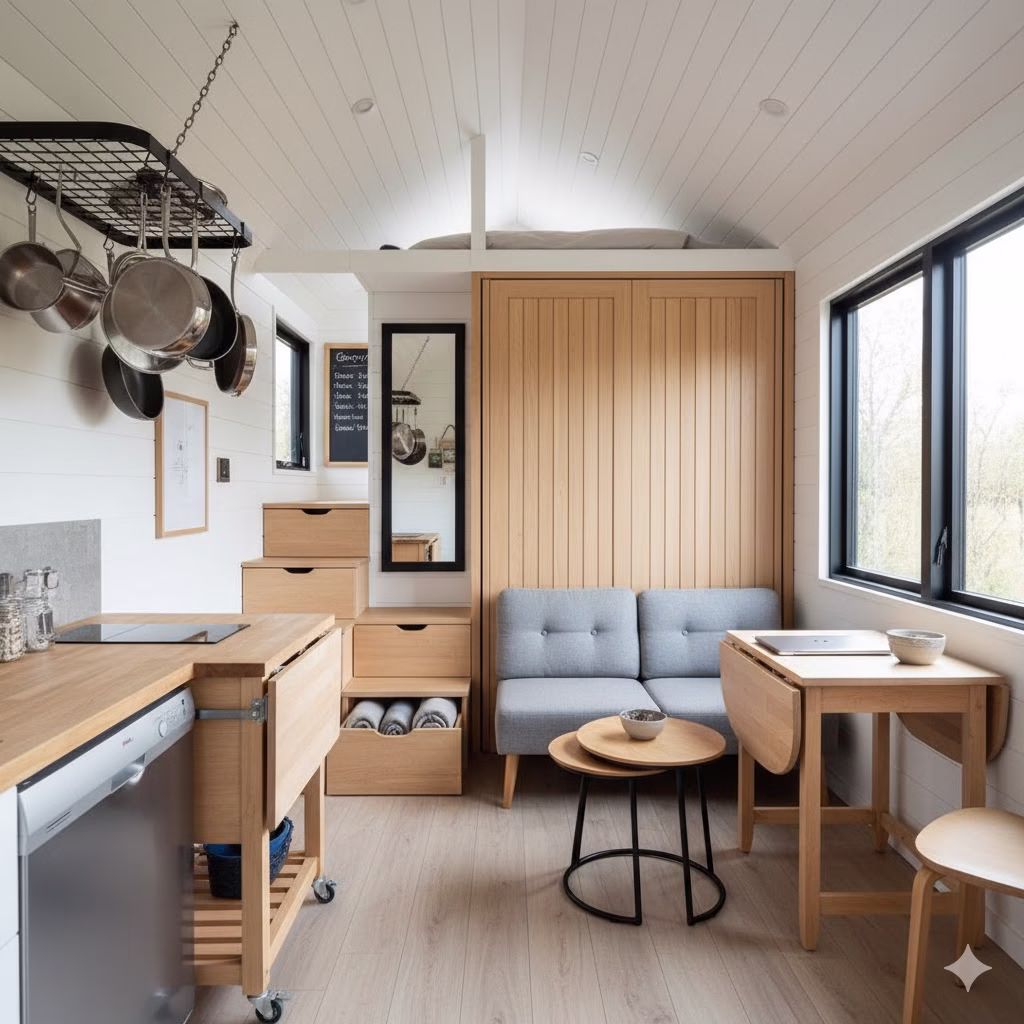 A cleverly designed tiny home interior showcasing essential multi-functional House Fixtures, including a wall-mounted Murphy bed cabinet, integrated storage drawers beneath loft access stairs, a rolling kitchen island, a ceiling-mounted pot rack, and a folding drop-leaf table used for dining.