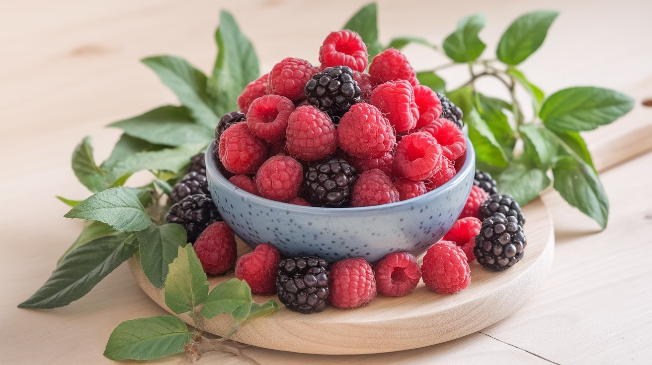 A bowl filled with fresh raspberries and blackberries on a wooden surface