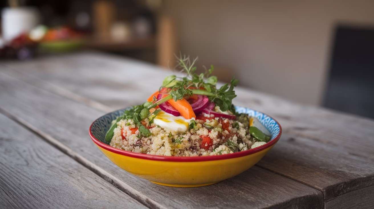 A colorful bowl of quinoa salad topped with fresh vegetables and herbs on a wooden table.