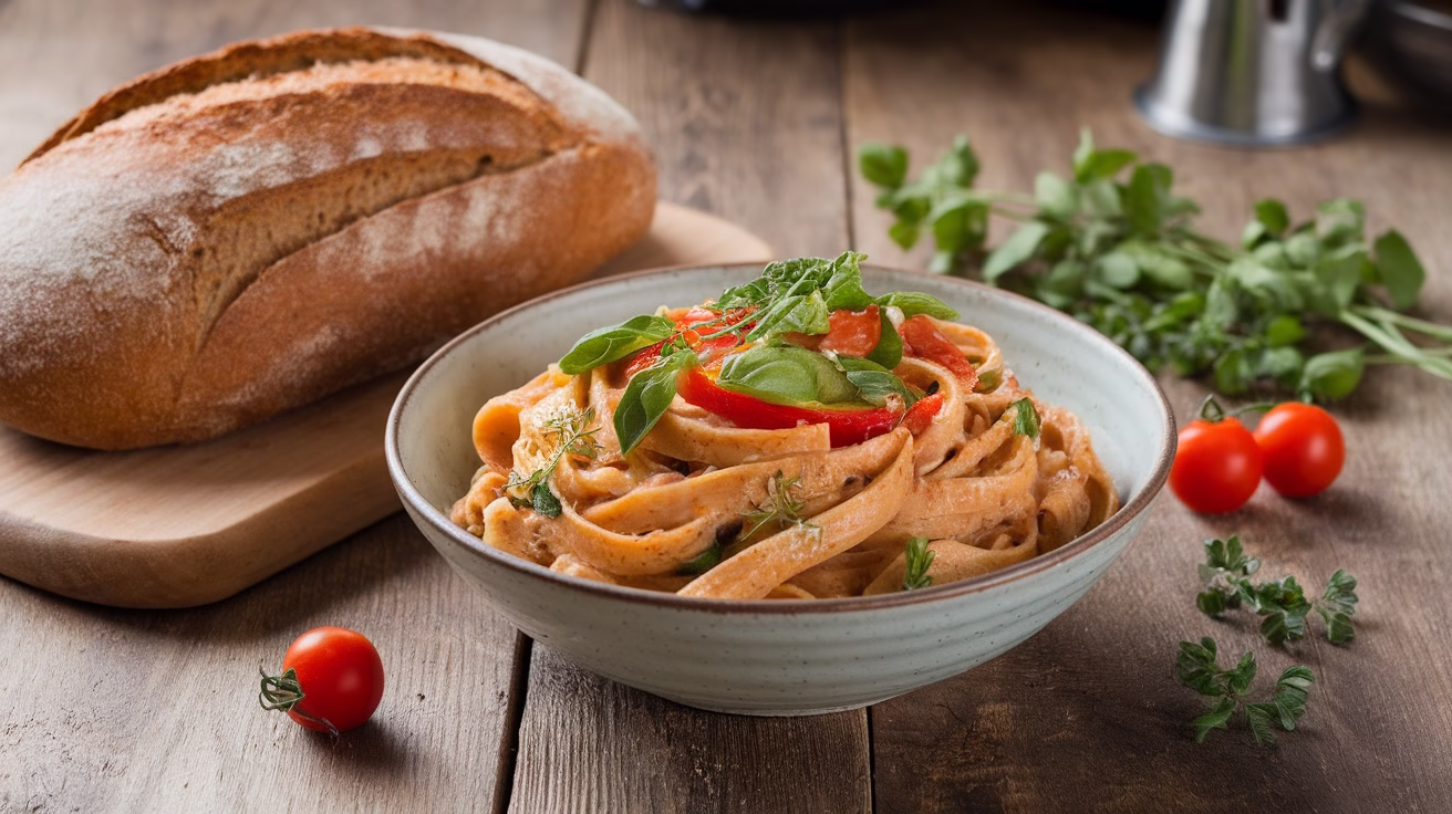 A bowl of whole wheat pasta with vegetables next to a loaf of whole wheat bread.