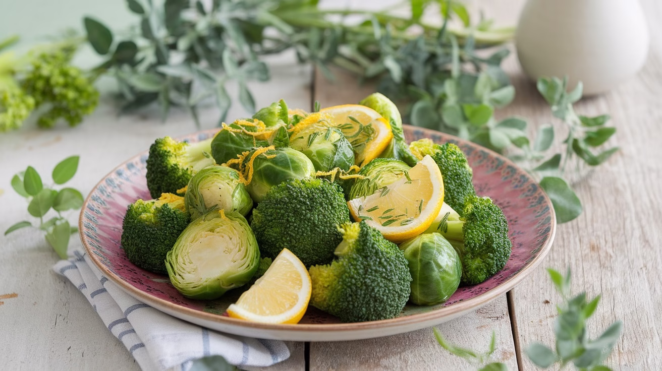A plate of broccoli and Brussels sprouts garnished with lemon slices.