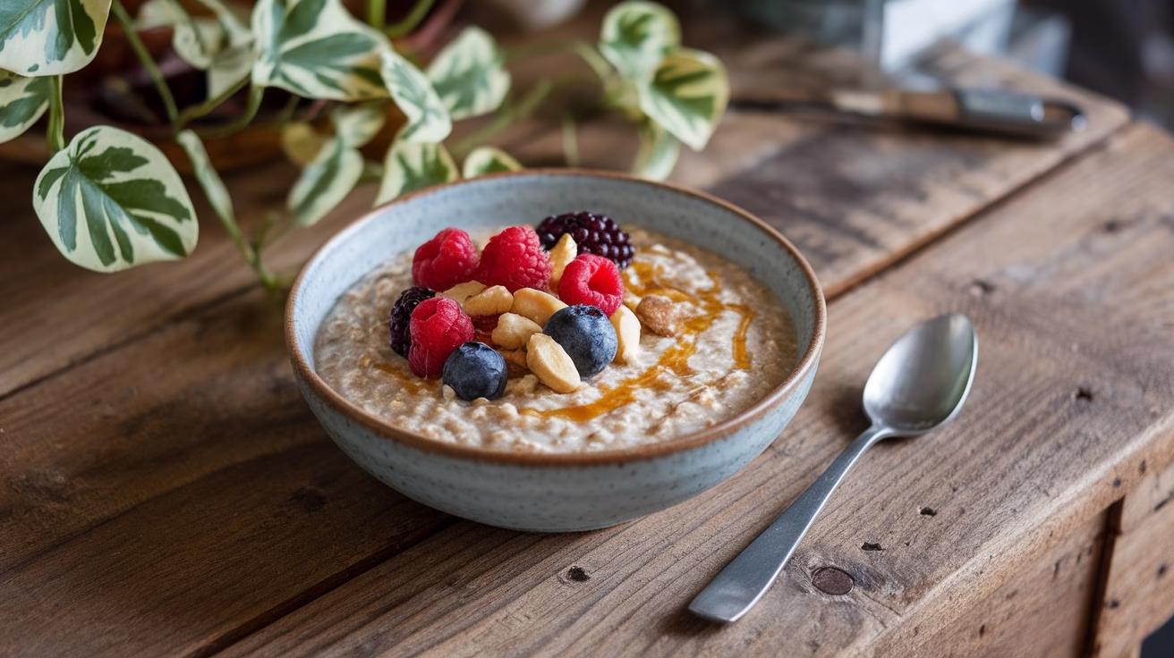 A bowl of oatmeal topped with berries and nuts on a wooden table.