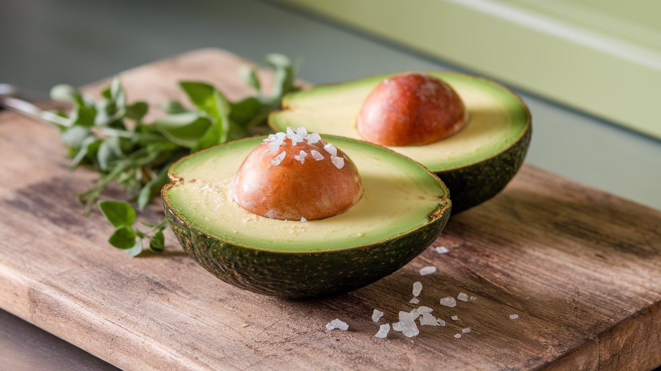 Two halved avocados with a seed in each, sprinkled with salt, on a wooden cutting board.