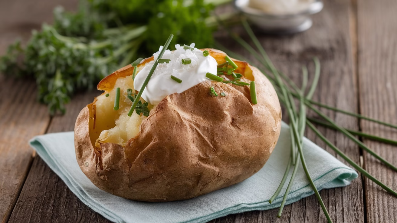 A baked potato with skin, topped with sour cream and chives, on a wooden table.