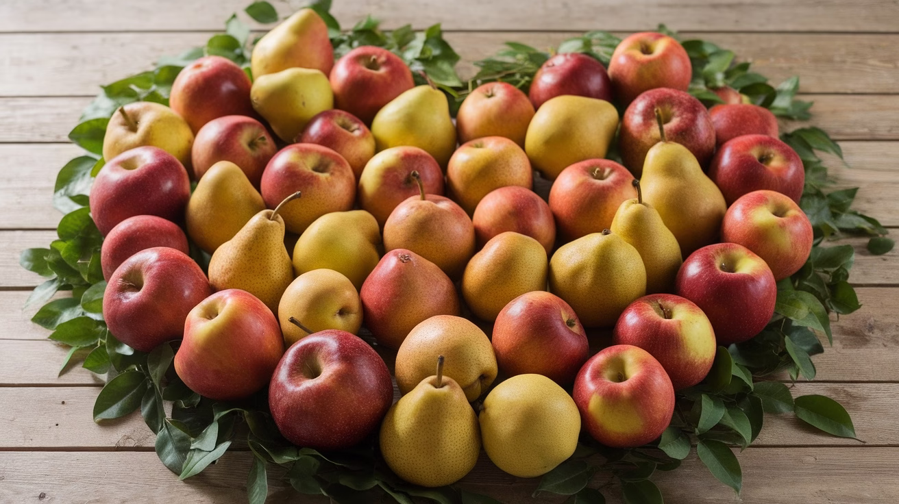 A colorful arrangement of pears and apples on a wooden surface, surrounded by green leaves.