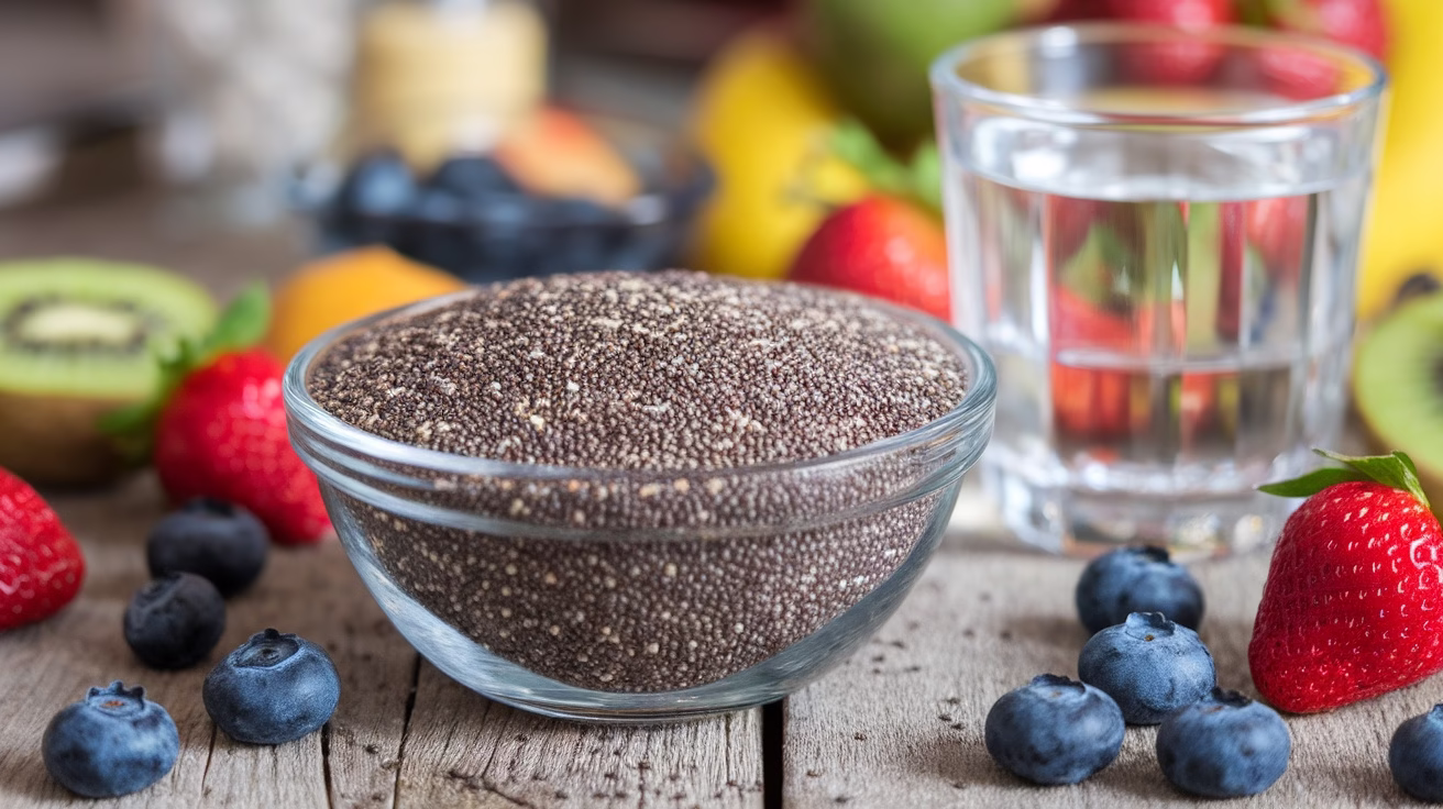 A bowl of chia seeds surrounded by fresh fruits like strawberries, blueberries, and kiwi on a wooden table.