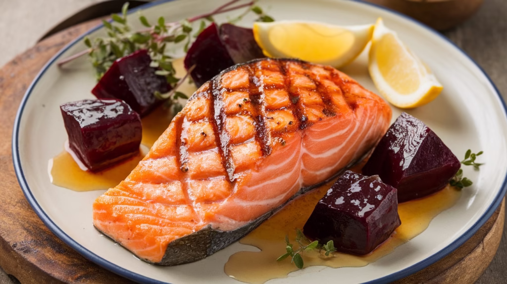 Grilled salmon fillet with visible grill marks, served alongside glistening honey-glazed beetroot cubes and fresh thyme, garnished with bright lemon wedges on a rustic plate.