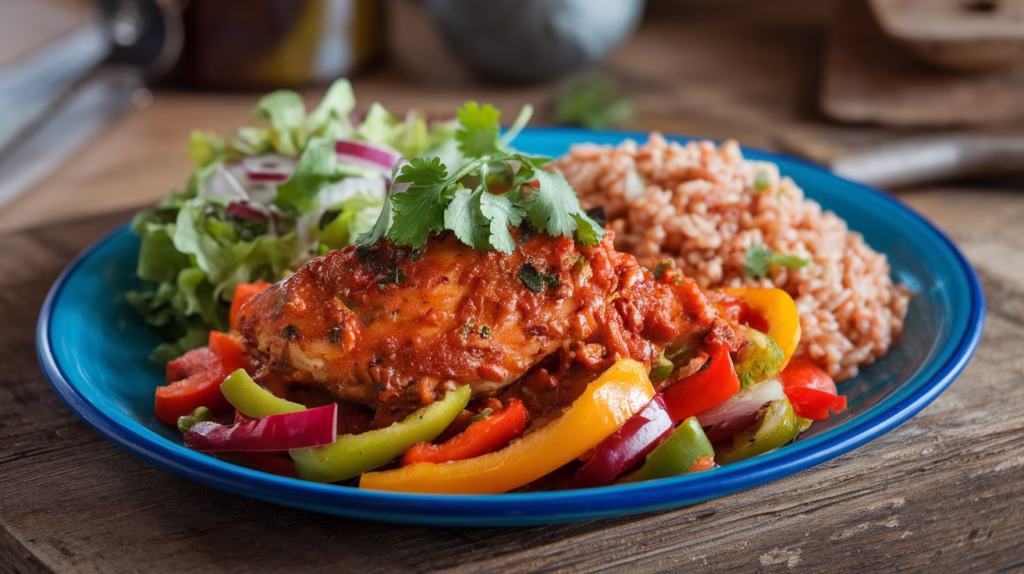 A brightly colored plate holds a serving of salsa chicken over a bed of sautéed red, yellow, and green bell peppers and red onion. The chicken breast is smothered in a rich, reddish-orange salsa and garnished with fresh cilantro. The dish is accompanied by a side of reddish-brown rice and a small salad of mixed greens and sliced red onion. The meal is presented on a vibrant blue plate on a rustic wooden surface. The dish is naturally Low-Calorie.