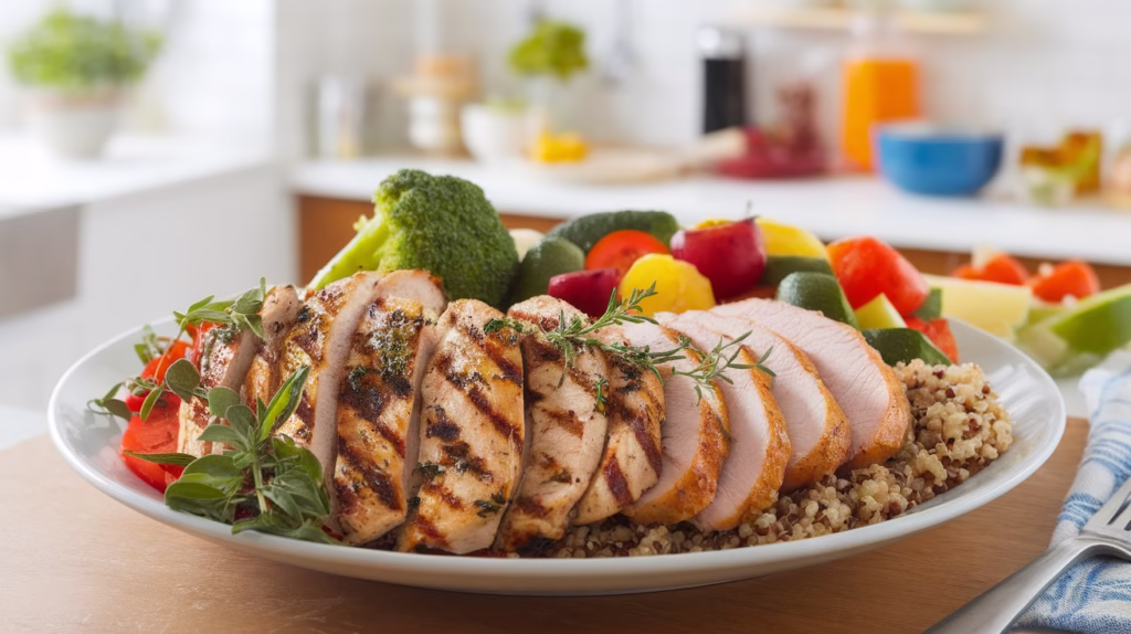 Sliced grilled skinless chicken or turkey breast is served on a bed of quinoa, surrounded by a colorful assortment of roasted and fresh vegetables, including broccoli, zucchini, bell peppers, and tomatoes. This is jst one of the 10 Essential Foods for muscle and energy.