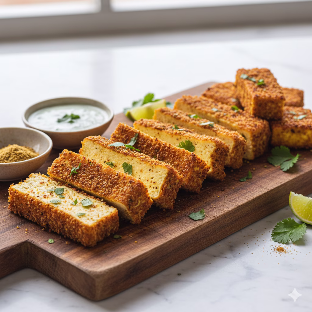 A beautiful close-up of thick, golden-brown Crispy Paneer slices arranged diagonally on a wooden cutting board. The air-fried paneer has a crunchy, textured coating and is garnished with fresh cilantro. Two small bowls sit to the side, one holding a green dipping sauce and the other a mound of curry powder or spice mix. Lime wedges complete the vibrant, appetizing scene.