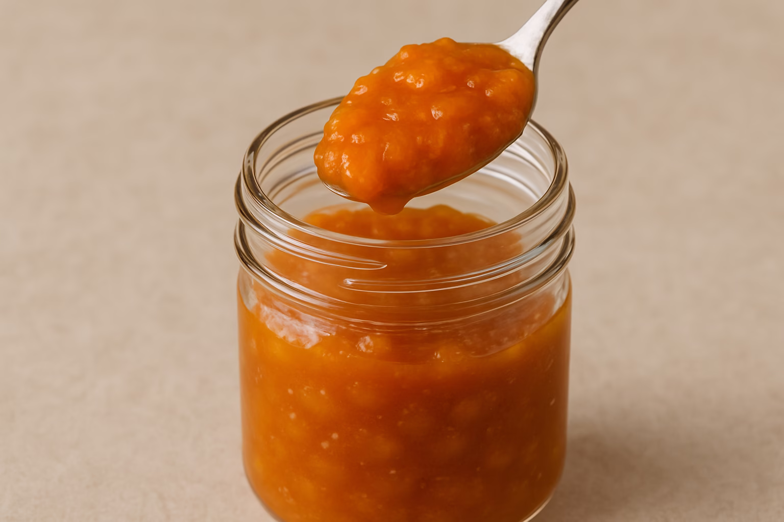 A spoon lifts a dollop of thick, orange Pumpkin & Ginger Chutney from an open glass jar, showing its chunky texture against a neutral background.