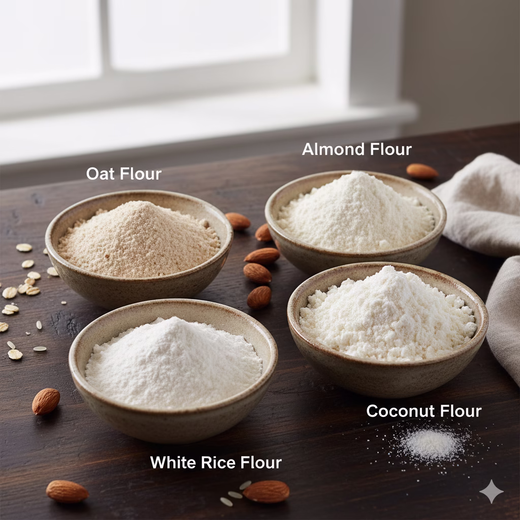 A close-up, image shows four small ceramic bowls filled with different Alternative Flours—Oat Flour, Almond Flour, White Rice Flour, and Coconut Flour—arranged on a dark wooden table near a bright window. The varying textures and colors of the flours are clearly visible, with some loose oats, rice grains, and almonds scattered around the bowls, emphasizing the ingredients.
