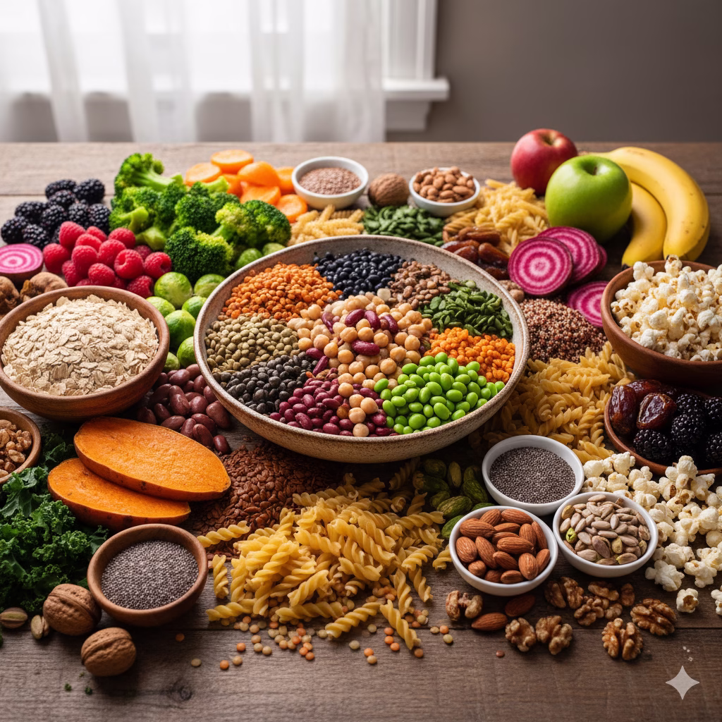 A bowl of assorted beans and legumes surrounded by various fruits, vegetables, nuts, seeds, and whole grains, emphasizing foods for Digestive Health.